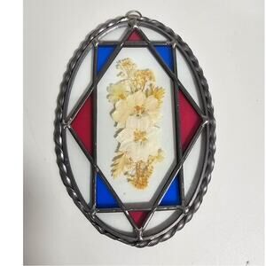 Vintage Pressed Flower Suncatcher - Red White and Blue Stained Glass Art